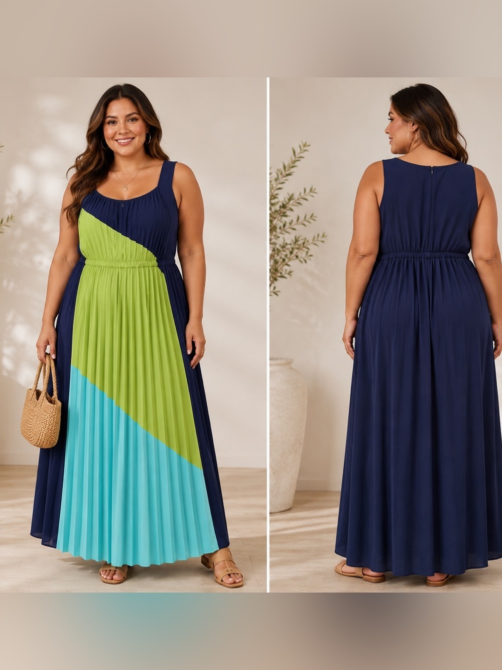 Ashley Stewart Plus Size 18/20 Colorblock Pleated Maxi Dress Navy Green Blue